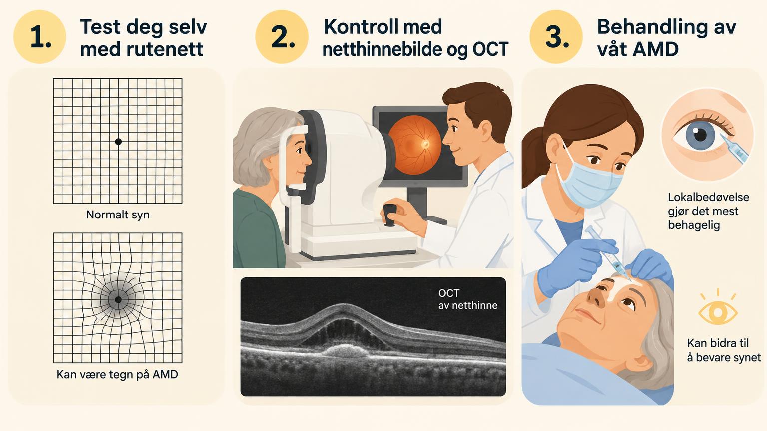 Tre trinn: test deg selv med rutenett, kontroll med netthinnebilde og OCT, behandling av våt AMD