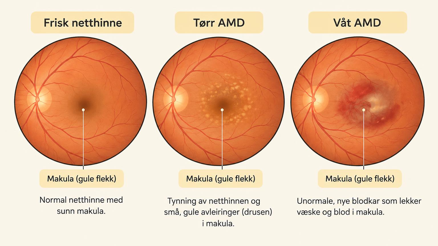 Tre netthinner: frisk, tørr AMD med gule avleiringer og våt AMD med lekkende blodkar