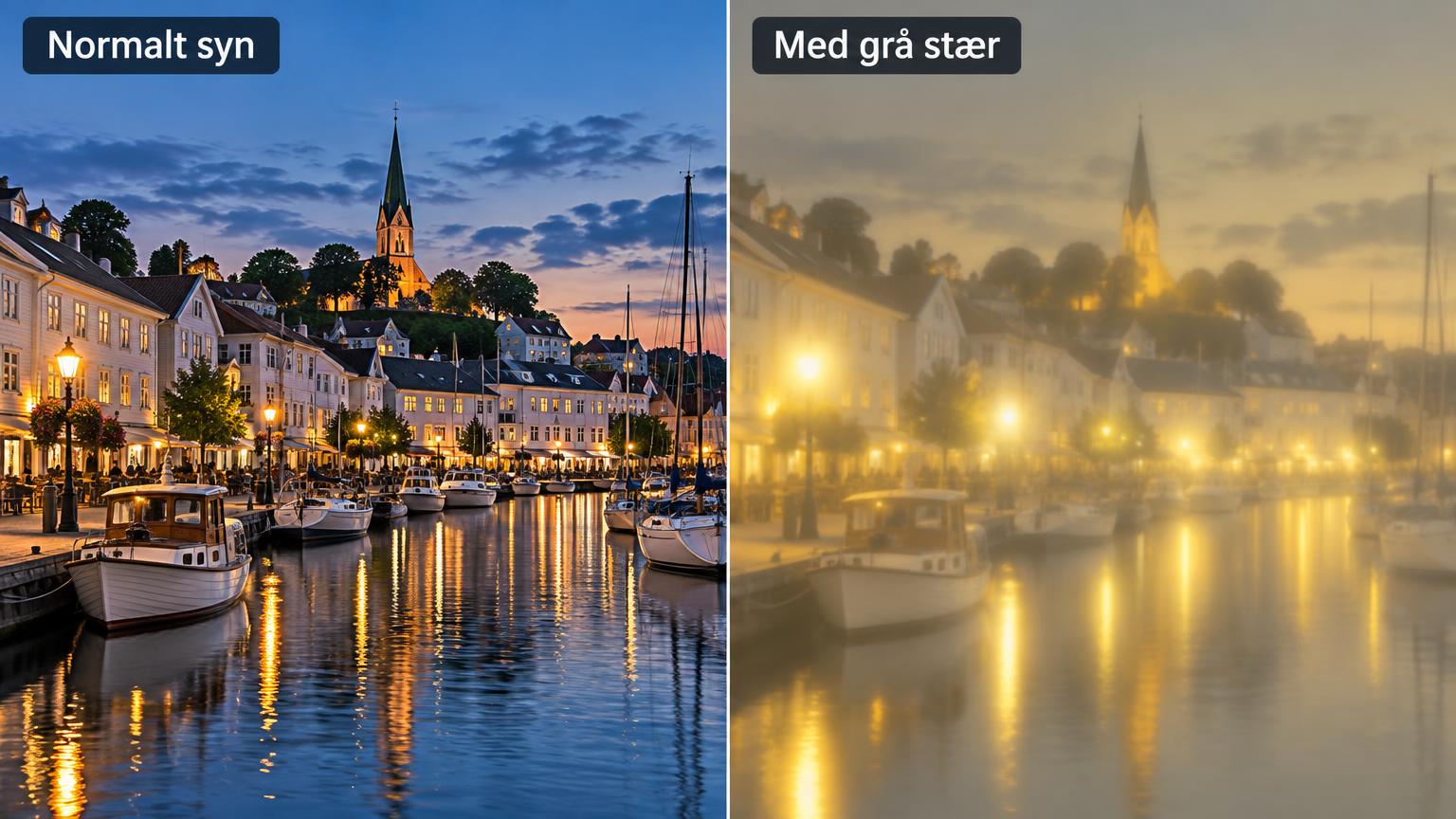 Samme havnebilde sett med normalt syn og med grå stær, der bildet er uklart, blekt og blendende