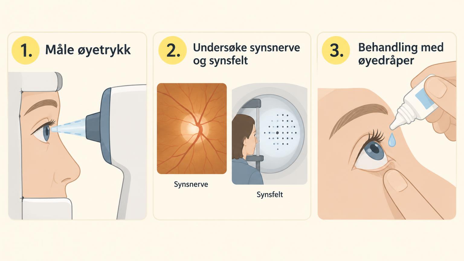 Tre trinn: måle øyetrykk, undersøke synsnerve og synsfelt, behandling med øyedråper