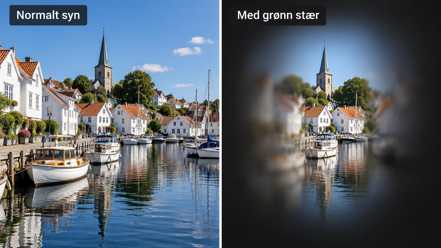 Samme havnebilde sett med normalt syn og med grønn stær, der kantene er mørke og bare midten er klar